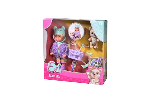 Evi Love Teddy Bike, Spielpuppe mit Einer Flauschigen Jacke, mit Bärenhelm, Schuhe, Fahrrad und Teddy, 12cm, ab 3 Jahren von Simba