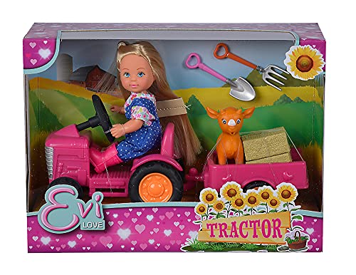 Simba 105733518 - Evi Love Tractor, Puppe auf ihrem Traktor mit Anhänger, Tier, Heuballen, Schaufel und Mistgabel, 12cm, Für Kinder ab 3 Jahren geeignet von Simba