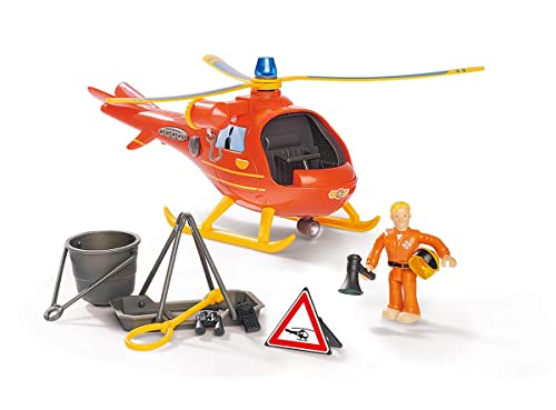 Simba 109252510 - Feuerwehrmann Sam Hubschrauber Wallaby mit Tom Figur, mit Originalsound, Blaulicht, Suchscheinwerfer, Seilwinde, 15cm, ab 3 Jahren von Simba