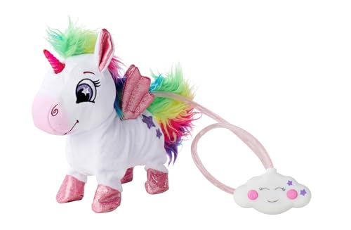 PetZoo Rainbow Unicorn, Spielzeug Haustier, mit Regenbogen-LED Kabelsteuerung, Sounds, läuft, bewegt Kopf und Schweif, 24cm, ab 3 Jahre von Simba