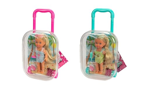 Simba Evi Love Travel, 2fach Sortiert, es Wird nur EIN Artikel geliefert, Spielpuppe im rollenden Koffer, sie trägt einen Badeanzug mit Rüschen inkl. Sonnenbrille und EIS, 12cm, ab 3 Jahren von Simba