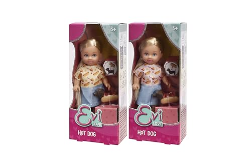 Simba Evi Love Hotdog, 2-Fach Sortiert, es Wird nur EIN Artikel geliefert, Spielpuppe im süßen Outfit mit Dackel im Hotdogkostüm, 12cm, ab 3 Jahren von Simba