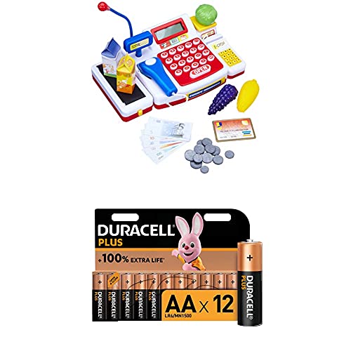Simba 104525700 - Supermarktkasse mit Scanner Kinderspiel + Duracell Plus AA Alkaline-Batterien, 12er Pack von Simba