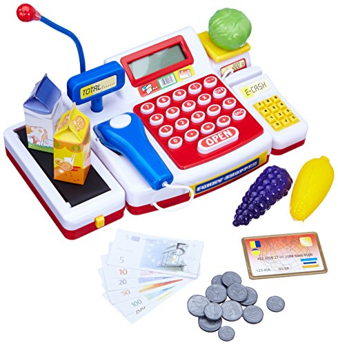 Simba 104525700 - Supermarktkasse mit Scanner, Rechner, Laufband, Kartenlesegerät, Mais, Salat, Trauben, Milch, Orangensaft, 16 Münzen, 13 Banknoten, ab 36 Monate - 8 Jahre Simba 104525700 - Supermarktkasse mit Scanner, Rechner, Laufband, Kartenlesegerät, Mais, Salat, Trauben, Milch, Orangensaft, 16 Münzen, 13 Banknoten, ab 36 Monate - 8 Jahre von Simba