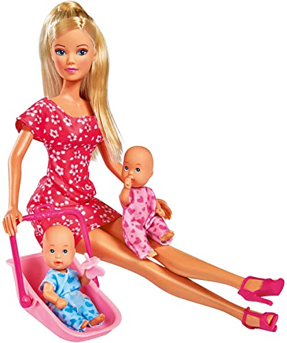 Simba 105730211 - Steffi Love Babysitter, mit zwei Babys, mit Baby-Tragegurt und Babyschale, Zubehör, Ankleidepuppe, 29cm, für Kinder ab 3 Jahren von Simba