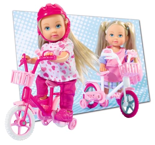 Simba 105731715 - Evi Love My First Bike, 2-Fach Sortiert, es Wird nur EIN Artikel geliefert, voll bewegliche Spielpuppe mit coolem Fahrrad, Helm und Stützrädern, 12cm, ab 3 Jahre von Simba