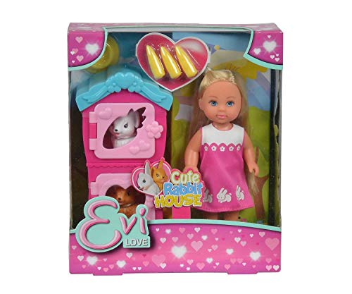 Simba 105733065 - Evi Love Cute Rabbit House / mit zweistöckigem Hasenstall und Hasen / Zubehör / Ankleidepuppe / 12cm, für Kinder ab 3 Jahren, Mehrfarbig von Simba