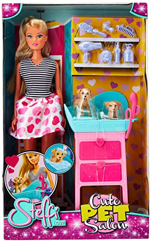 Simba 105733266 - Steffi Love Cute Pet Salon, Hundewaschstation mit Dusche, Schubladen zum Öffnen, mit zwei Hunden, Pflegezubehör, Ankleidepuppe, 29cm, für Kinder ab 3 Jahren von Simba