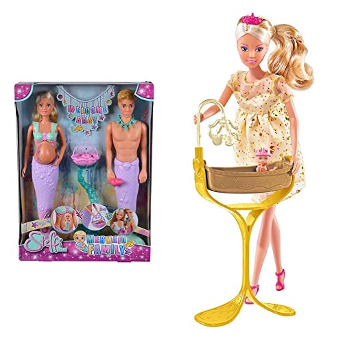 Simba 105733524 - Steffi Love Mermaid Family, Puppe als Schwangere Meerjungfrau mit Kevin als Meerjungmann & Steffi Love Royal Baby Blonde Mini Mode-Puppe als Schwangere Prinzessin von Simba