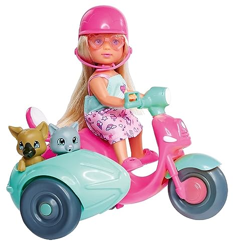 Simba 105733566 - Evi Love Scooter Friends, Spielpuppe auf Roller-Tour, mit Hund und Katze im Beiwagen, mit Helm und Sonnenbrille, 12cm Puppe, ab 3 Jahren von STEFFI LOVE