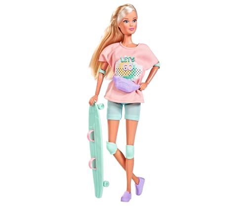 Simba 105733580 - Steffi Love Longboard Girl, Ankleidepuppe im coolen Outfit mit Skateboard, Schoner und Helm, mit Umhängetasche, 29cm Puppe, ab 3 Jahren von Simba