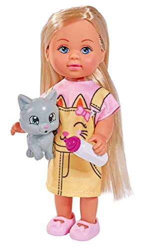 Simba 105733591 - Evi Love Kitty, 2-Fach Sortiert, es Wird nur EIN Artikel geliefert, Puppe im süßen Katzenkleid mit Babykatze und Trinkflasche, 12cm Spielpuppe, ab 3 Jahren von Simba