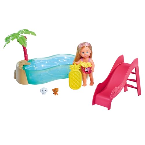 Simba 105733593 - Evi Love Pool Party, Puppe im Badeanzug mit zwei süßen Hundewelpen und Schwimmbecken, Rutsche, Sprungbrett, Palme und Luftmatratze in Ananas Form, 12cm Spielpuppe, ab 3 Jahren von Simba