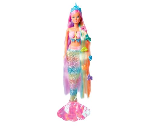 Simba 105733610 - Steffi Love Rainbow Mermaid, Ankleidepuppe als Regenbogen Meerjungfrau mit bunten Haaren, Haarclips, Kamm und abnehmbarer Flosse, 29cm Spielpuppe, ab 3 Jahren von Simba