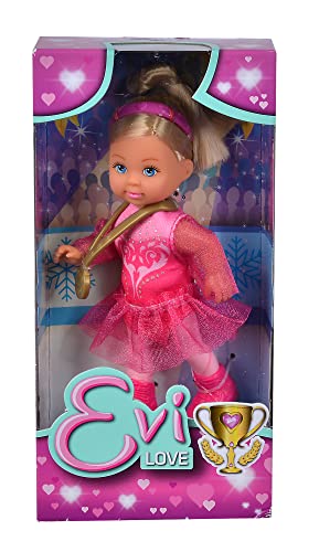 Evi Love Ice Skating, Spielpuppe als Eiskunstläuferin in einem pinken Kostüm, mit Schlittschuhen, Medaille, Haarband, 12cm, ab 3 Jahre von Simba