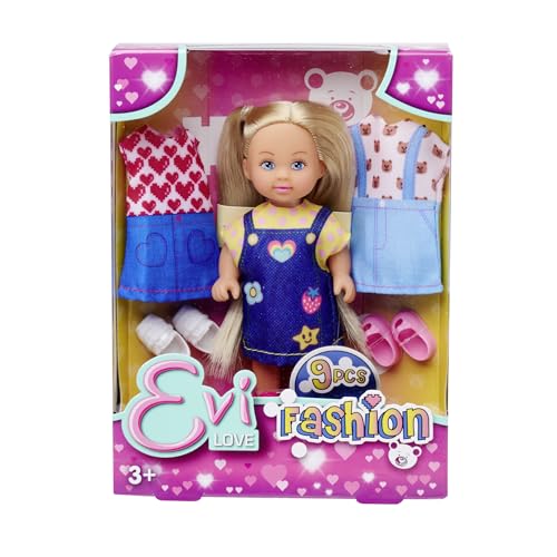 SIMBA Evi Love Fashion, Spielpuppe trägt EIN süßes Jeanskleid, inkl. Zwei weiteren Outfits, mit niedlichen Prints und Sneakers, 12cm, ab 3 Jahren von Simba