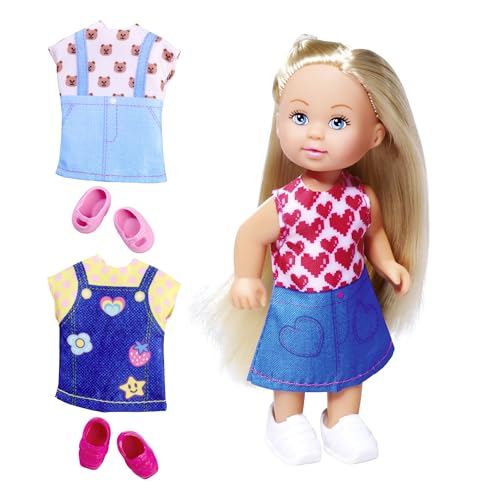 Evi Love Fashion, Spielpuppe trägt EIN süßes Jeanskleid, inkl. Zwei weiteren Outfits, mit niedlichen Prints und Sneakers, 12cm, ab 3 Jahren von Simba