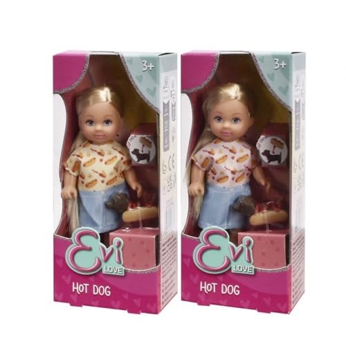 Simba Evi Love Hotdog, 2-Fach Sortiert, es Wird nur EIN Artikel geliefert, Spielpuppe im süßen Outfit mit Dackel im Hotdogkostüm, 12cm, ab 3 Jahren von Simba