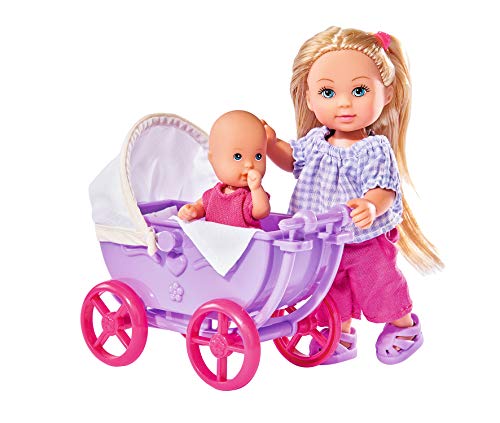 Simba 105736241 - Evi Love Doll Walk, 2-sort., Evi Puppe mit Babypuppe, mit Puppenwagen, inklusive Zubehör, Ankleidepuppe, 12cm, für Kinder ab 3 Jahren von Simba