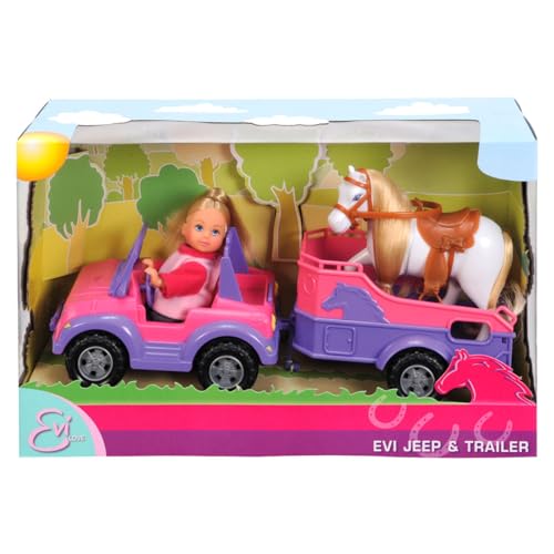 Simba 105737460 - Evi Love Evi Horse Trailer, mit rosa Jeep, lila Pferdeanhänger und Pony, Ankleidepuppe, 12cm, für Kinder ab 3 Jahren von Simba