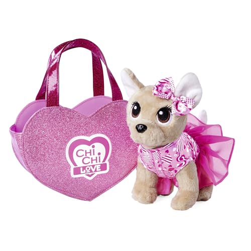 Chi Chi Love is in the Air, Chihuahua Plüschhund mit süßen herzlichen Kleid und Schleife, in Glitzerherztasche, 20cm, ab 3 Jahre, Weiß von Simba
