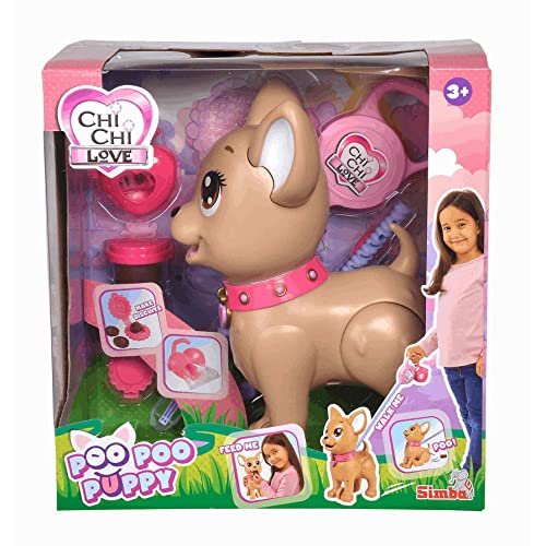 Simba 105893264 - ChiChi Love PooPoo Puppy Chihuahua Spielzeug Hündchen aus Kunststoff, zum Gassi gehen, inklusive Leine, Leckerlis und Zubehör, für Kinder ab 3 Jahren von Simba