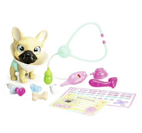 Simba 105950056 Pamper Petz Dog Doktor, 17cm Frenchie mit Trink und Nässfunktion, Windel mit Color Change Funktion, über 10 Doktorzubehörteile, Kopf und Beine beweglich, mit Sound, ab 3 Jahren von Simba