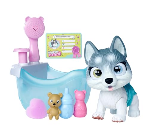 Simba 105953560 - Pamper Petz Husky mit Badewanne, mit Pumpfunktion, Trinkflasche, Schaumflasche, Wasserspritze, 25cm Spielzeug Hund, ab 3 Jahren von Simba