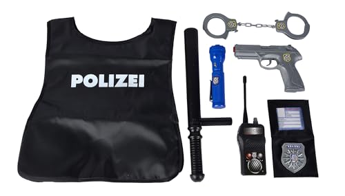 Simba 108102665 - Polizei Einsatz Set, Polizeiweste, Taschenlampe, Funkgerät, Handschellen, Pistole, Schlagstock, Mappe, Marke, Kinder Rollenspiel, ab 3 Jahren von Simba