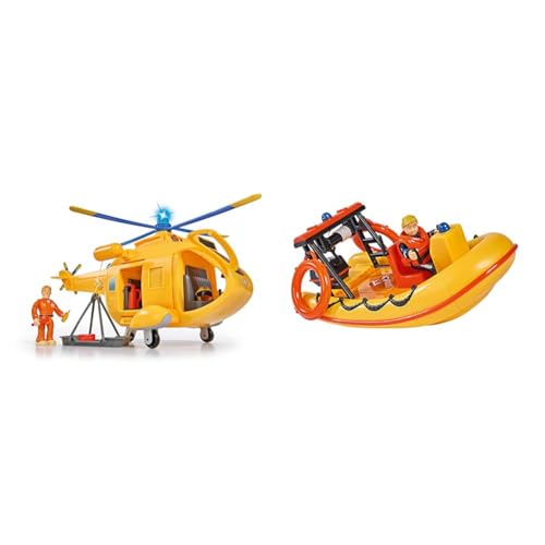 Simba 109251002 - Feuerwehrmann Sam Hubschrauber Wallaby II, mit Tom Thomas Figur, 6 Sitzplätze, 34cm & Feuerwehrmann Sam Neptune Boot, mit Penny Figur im Tauchoutfit, 20cm von Simba