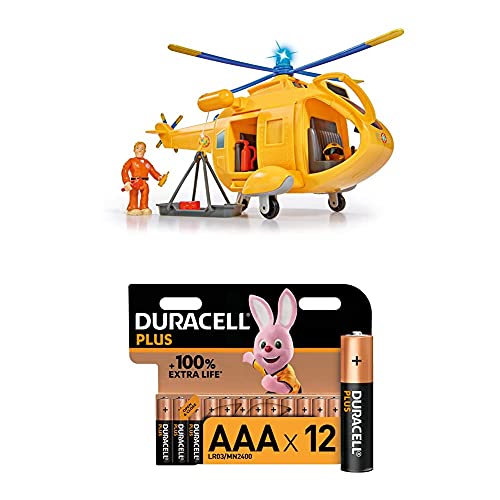 Simba 109251002 - Feuerwehrmann Sam Hubschrauber Wallaby II, mit Tom Thomas Figur, mit Licht und Originalsound, mit drehbarem Rotor und Seilwinde + Duracell Plus AAA Alkaline-Batterien, 12er Pack von Simba