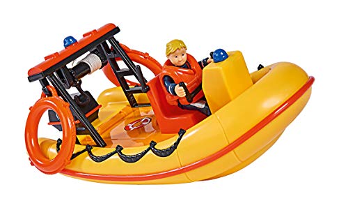 Simba 109251047 - Feuerwehrmann Sam Neptune Boot, mit Penny Figur im Tauchoutfit, mit Geheimfach und mechanischer Seilwinde, schwimmt auf dem Wasser, 20cm, für Kinder ab 3 Jahren, Gelb, Orange von Simba