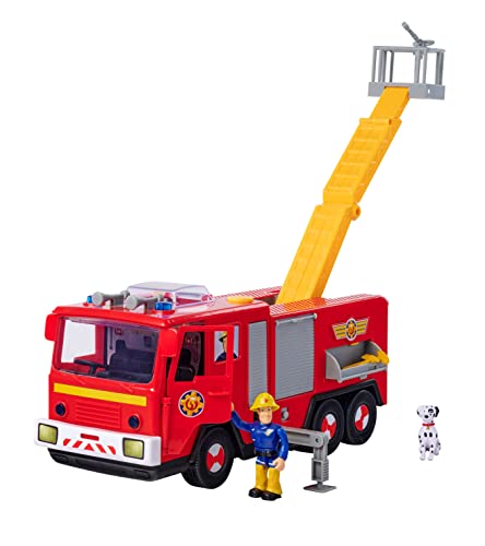 Simba 109252516 - Feuerwehrmann Sam Jupiter aus Serie 13, mit Figur und Dalmatiner Radar, Schnuffi, 2 verschiedene Sounds, Blaulicht, drehbare Leiter zum Ausklappen, 31cm Feuerwehrauto, ab 3 Jahren von Simba