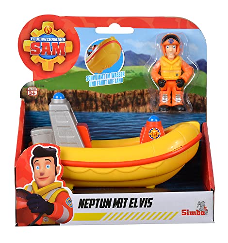 Feuerwehrmann Sam Neptun mit Elvis Figur, fährt an Land und schwimmt im Wasser, Boot 17cm, Figur 7cm, ab 3 Jahren von Simba