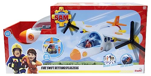 Simba 109252615 Feuerwehrmann Sam Rettungsflugzeug Fire Swift (42 cm) -großes Spielzeug Flugzeug mit Kipprotor, Figur, Pferd & vielen Funktionen, inkl. Licht & Sound-für Kinder ab 3 Jahre von Simba