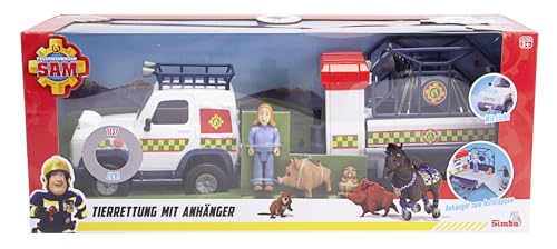 Simba 109252624 Feuerwehrmann Sam Tierrettung, Anhänger aufklappbar zur Station, Fahrzeug mit Licht, mit Figur, Tiere, Zubehör, L:34cm, ab 3 Jahren, Black von Simba