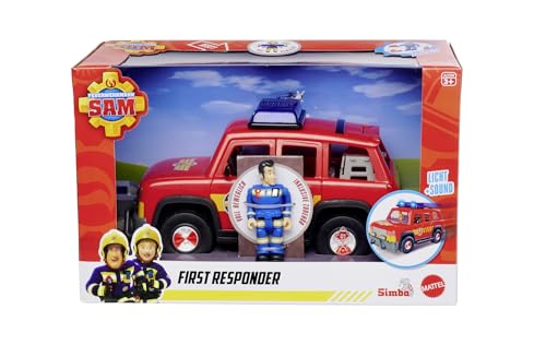 Feuerwehrmann Sam First Responder Fahrzeug, mit Licht, Sound, Kofferraum um Türen zum Öffnen, mit Figur und Zubehör, 19cm, ab 3 Jahren von Simba