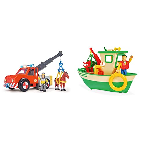 Simba 109258280 - Feuerwehrmann Sam Phoenix / 23cm / Mit Sam Figur und Pferd & 109251074 - Feuerwehrmann Sam Charlies Fischerboot, mit Charlie Figur, Kran und Seilwinde, 19cm, ab 3 Jahren von Simba