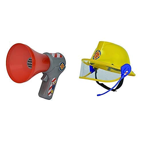 Simba 109258699 - Feuerwehrmann Sam Megaphon mit Stimmenverzerrer & 109258698 - Feuerwehrmann Sam Helm in gelb 23 cm von Simba