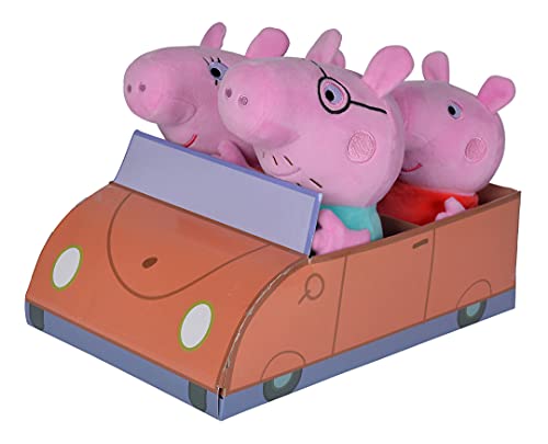 Simba 109261006 - Peppa Pig 4-tlg. Familienset im Auto, Schorsch 16cm, Peppa 17,5cm, Mama Wutz 19cm, und Papa 20cm, verpackt im Auto aus Pappe, ab den ersten Lebensmonaten von Simba