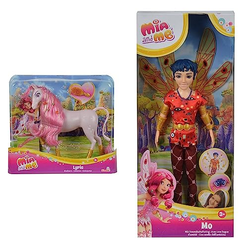 Simba 109480094 - Mia and Me Einhorn Lyria, mit Haarclips und Bürste zum Frisieren & 109480091 - Mia an Me Ankleidepuppe Mo, Elfe mit beweglichen Flügeln und Beinen von Simba