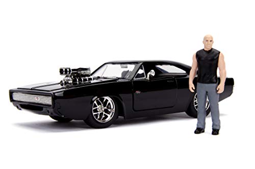 Jada Toys Fast & Furious Dom's 1970 Dodge Charger Street, Auto, Tuning-Modell im Maßstab 1:24, zu öffnende Türen, Kofferraum & abnehmbare Motorhaube, Freilauf, inkl. Dominic Toretto Figur, schwarz von Jada Toys