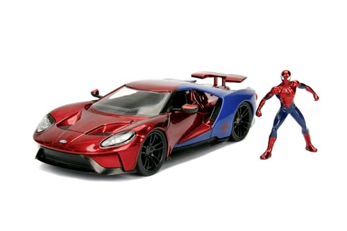 Jada Toys 253225002 Marvel Spiderman 2017 Ford GT, 1:24 Modellauto Figur, aus Zinkdruckguss, öffnende Flügeltüren, inkl. Freilauf, rot/blau von Jada Toys