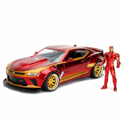 Jada Toys Marvel Iron Man 2016 Chevy Camaro SS, 1:24 Modellauto inkl. Iron Man Figur, aus Zinkdruckguss, öffnende Türen, Motorhaube, Kofferraum, rot/gold von Jada