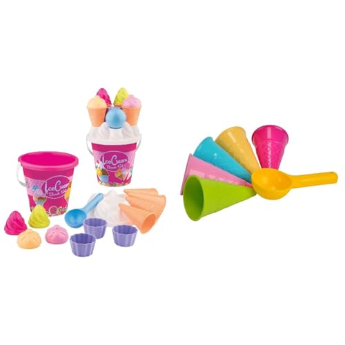Simba Eimergarnitur EIS, 14 Teile, Sandkasten, Wasserspielzeug, Sandspielzeug, Es Wird nur EIN Artikel geliefert & Sandformen EIS, 5 Waffeln, 1 Portionierer, Sandspielzeug, 15cm, Geschenkset von Simba