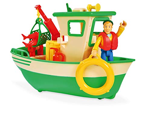 Simba 109251074 - Feuerwehrmann Sam Charlies Fischerboot, mit Charlie Figur, beweglicher Kran und mechanische Seilwinde, schwimmt auf dem Wasser, 19cm, für Kinder ab 3 Jahren von Simba