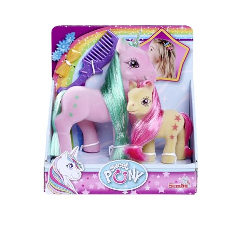 Simba Kleine Einhorn Familie, 2 Pferde, beflockt, mit Kamm und 2 Haarclips, 10-14cm, ab 3 Jahre von Simba
