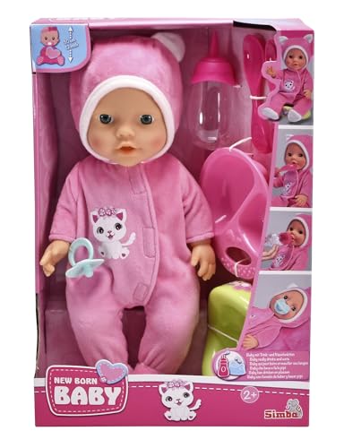 Simba New Born Baby Kitty Onesie, Vollvinylpuppe mit Trink und Nässfunktion im süßen Kuschelonesie, 6 Teile, 30cm, ab 2 Jahre von Simba