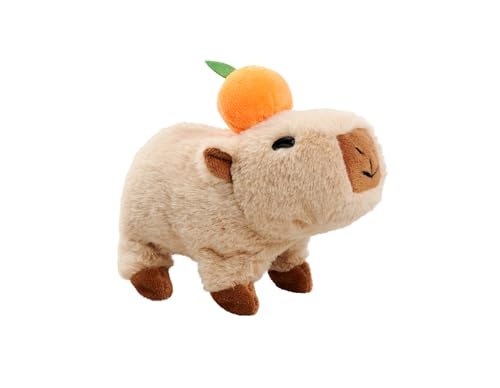 Simba PetZoo Capybara Stofftier – mit Orange auf dem Kopf, läuft und Macht süße Geräusche, Try Me-Funktion, interaktives Plüschtier, 17 cm, ab 3 Jahre von Simba