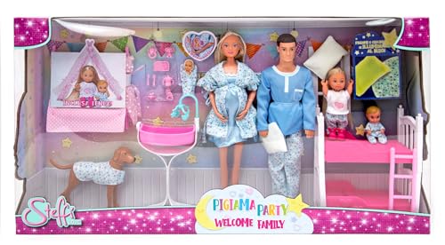 Simba Steffi Love Pyjama Party Welcome Family, 105733552Amz, ab 3 Jahren, Kevin, Evi, Bruder und Hund, und Kissen Glow in The Dark mit Kinderbett, Zelt, Wiege Simba Steffi Love Pyjama Party Welcome Family, 105733552Amz, ab 3 Jahren, Kevin, Evi, Bruder und Hund, und Kissen Glow in The Dark mit Kinderbett, Zelt, Wiege von Simba